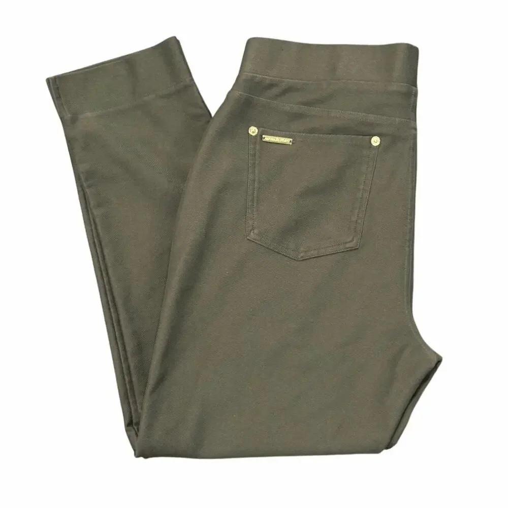 Michael Kors Olive Green Stretch Ankle Pants L NWOT Stud Pocket Slit Hem